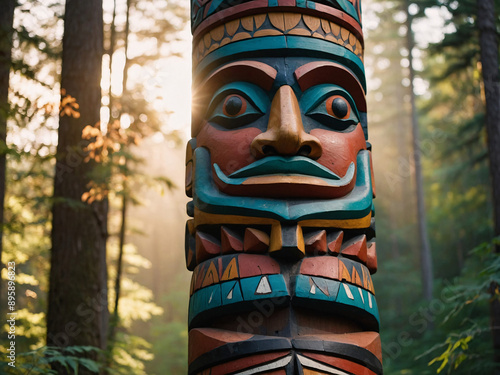 Close-up of colorful totem pole in a serene, sunlit forest photo