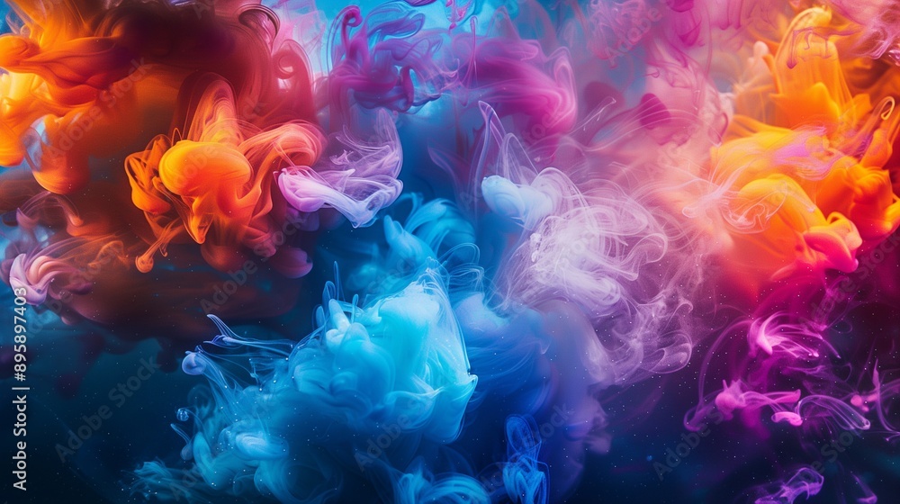 The image is an abstract representation of colorful smoke or ink swirling in water. predominant colors are blue, pink, and orange, with hints of purple and yellow. The overall effect is one of chaos The image is an abstract representation of colorful smoke or ink swirling in water. predominant colors are blue, pink, and orange, with hints of purple and yellow. The overall effect is one of chaos