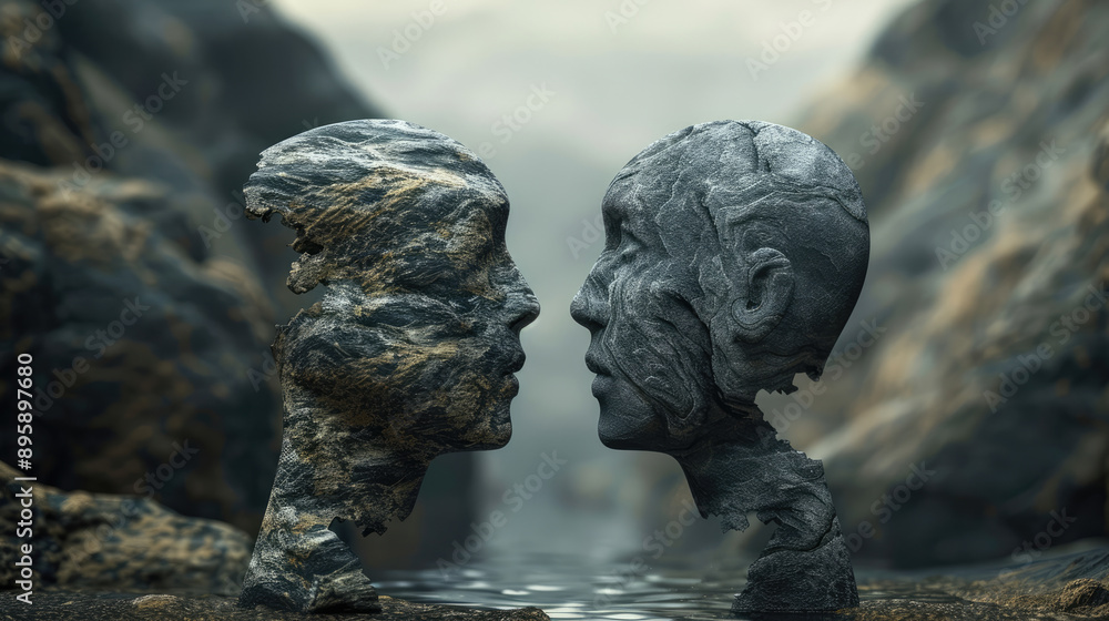 There are two rock formations resembling human faces facing each other next to the ocean under a dramatic sky There are two rock formations resembling human faces facing each other next to the ocean under a dramatic sky