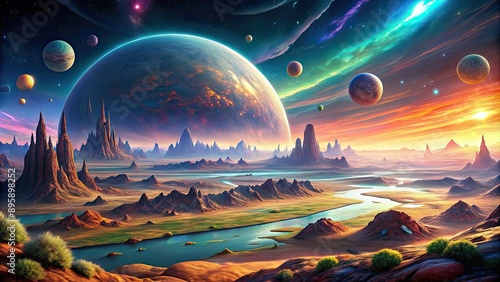 Futuristic planet with colorful alien landscapes and advanced technology, Sci-fi, planet, alien