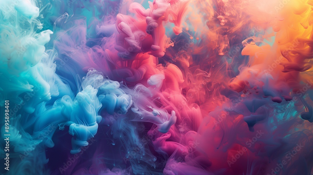 Fototapeta premium The image is an abstract representation of colorful smoke or ink swirling in water. The colors are vibrant and saturated, creating a sense of depth and movement. The predominant colors are blue, pink.