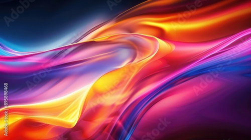 Abstract artwork with flowing, wave-like patterns in deep blues, purples, oranges, yellows, and pinks, creating a vibrant and dynamic visual effect