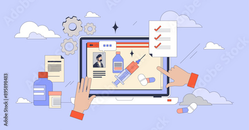 Pharmacy tech online training for pharmacist tiny person neubrutalism concept. Medicine specialist using digital web platforms with information about prescriptions and healthcare vector illustration.