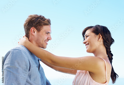 Tableau sur toile Outdoor, couple and smile with hug for bonding with love, trust and support in Spain