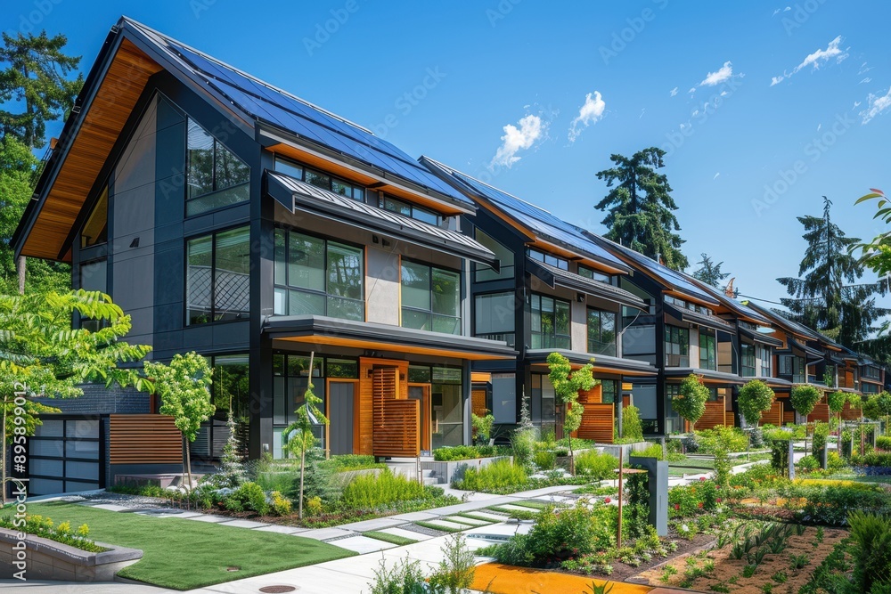 A row of houses with a large green garden in front of them A row of houses with a large green garden in front of them