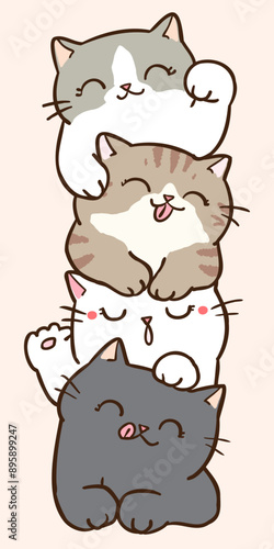Vector Illustration of Cute Cartoon Cat Pile on Isolated Background