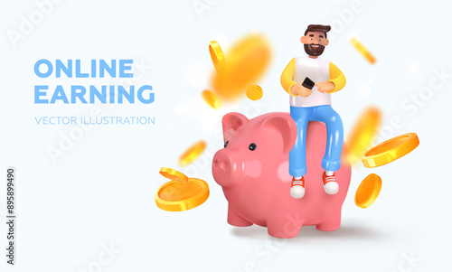 3D guy with a phone sitting on a pig piggy bank. Earn money online using your mobile phone. Online banking. Earning, investing and saving money. Realistic vector illustration