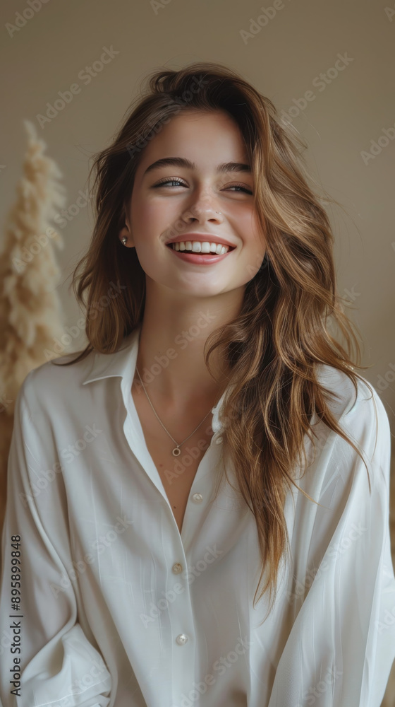 Joyful Young Woman in Casual White Shirt Indoors Joyful Young Woman in Casual White Shirt Indoors