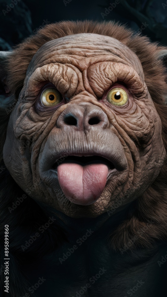 A close up of a large monkey with big eyes and long tongue, AI A close up of a large monkey with big eyes and long tongue, AI