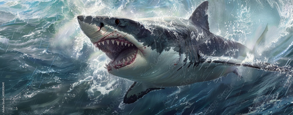 Naklejka premium Ocean's Apex: Great White Shark Breach