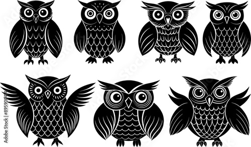 Flat owl silhouette vector art set with white background