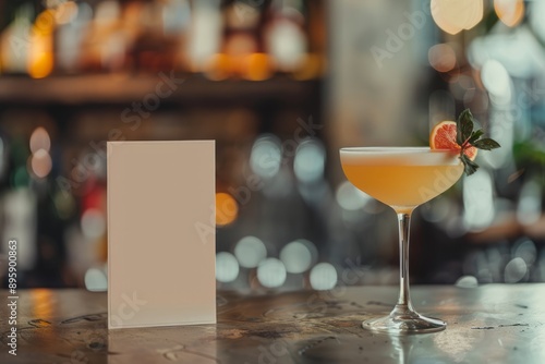 Mockup of a cocktail menu in a bar, on a bar counter with a cocktail