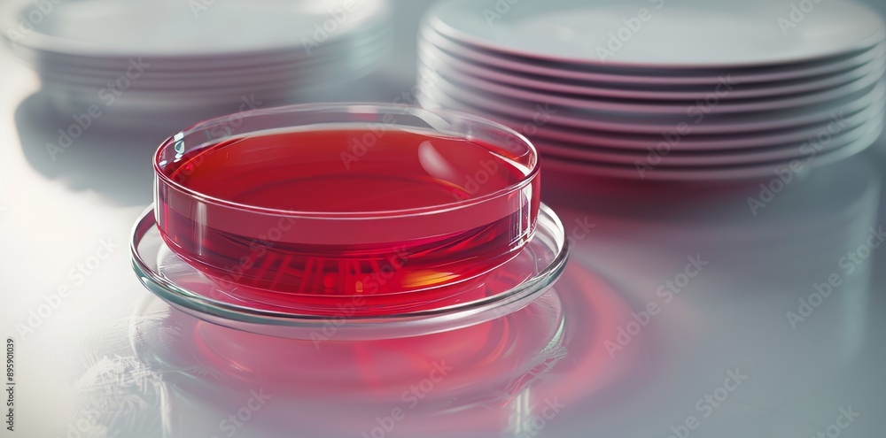 In a lab, medical, biology or biotechnology science research concept background, petri dishes are open with a red gel in front of stacked petri dishes In a lab, medical, biology or biotechnology science research concept background, petri dishes are open with a red gel in front of stacked petri dishes