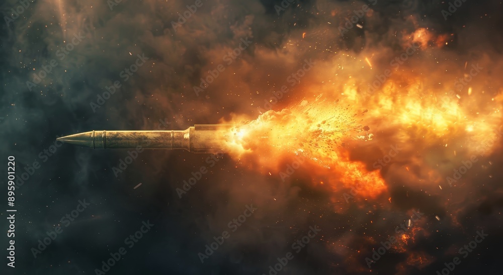 Bullet Flying Through the Air with Flames and Smoke. Bullet Flying Through the Air with Flames and Smoke.
