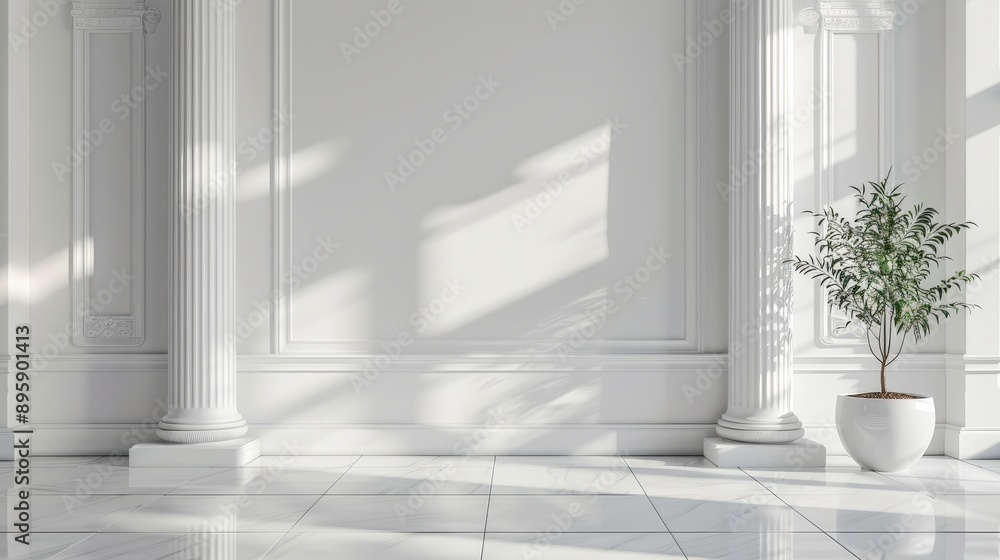 Elegant White Marble Columns and Potted Plant in Bright Room Elegant White Marble Columns and Potted Plant in Bright Room