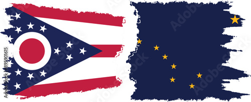 Alaska and Ohio states grunge brush flags connection, vector