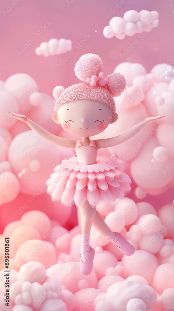 A smiling ballerina dances gracefully on a fluffy pink cloud A smiling ballerina dances gracefully on a fluffy pink cloud