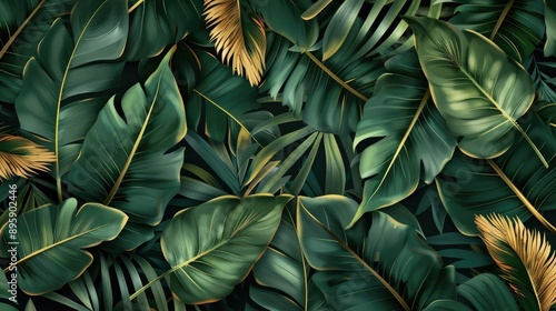 Wallpaper Mural Elegant leaf pattern, green plant background, abstract palm design, floral wallpaper, golden foliage, seamless jungle texture, summer Torontodigital.ca
