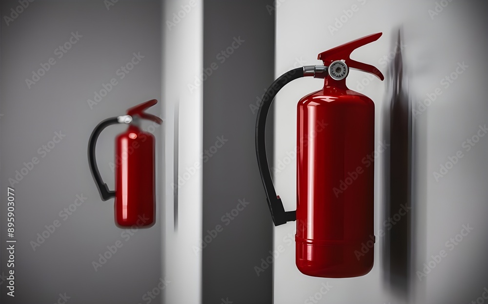 Obraz premium Indoor Red Fire Extinguisher on Wall Essential Home Fire Safety Equipment