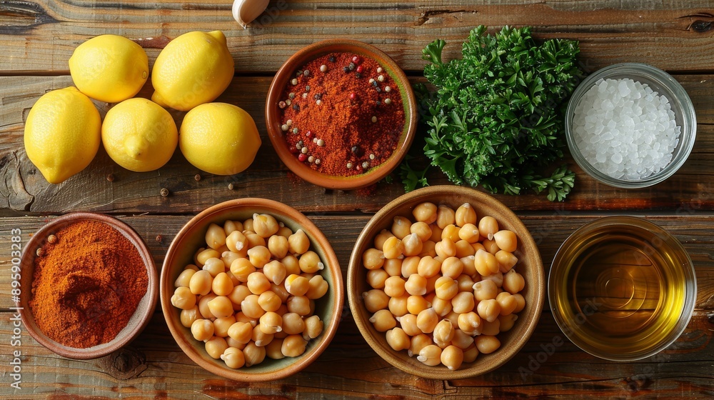 Delicious Hummus Prep: Neatly Arranged Ingredients on a Wooden Table Delicious Hummus Prep: Neatly Arranged Ingredients on a Wooden Table