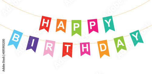 Happy Birthday, Garland with bow, colorful pennants with white letters, banner with inscription, greeting card, vector illustration isolated on white background