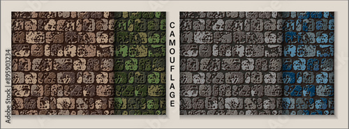 Set of seamless camouflage brick stone wall patterns with cracked destroyed old stones. Geometric background for fabric, textile. Grunge style.