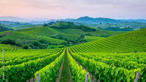 Wallpaper Mural A breathtaking landscape of lush green vineyards under a twilight sky, perfect for agricultural and travel themes. Torontodigital.ca