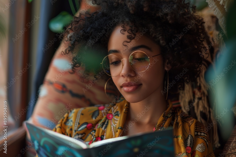 Young woman with curly hair and glasses enjoying a book in a cozy indoor setting. Young woman with curly hair and glasses enjoying a book in a cozy indoor setting.