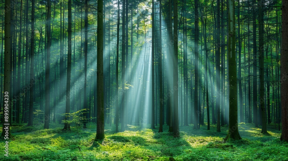 Fototapeta premium A serene forest scene illuminated by sunlight, showcasing tall trees and vibrant greenery, perfect for nature lovers.