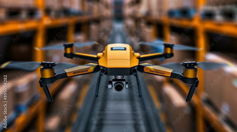 A sleek yellow drone is flying through a modern warehouse filled with stacked boxes, showcasing advanced technology in logistics. A sleek yellow drone is flying through a modern warehouse filled with stacked boxes, showcasing advanced technology in logistics.