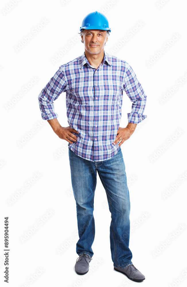 Portrait, confident engineer or man with helmet for safety isolated on white studio background. Hard hat, mature architect or construction manager, builder or contractor at building industry in Spain Portrait, confident engineer or man with helmet for safety isolated on white studio background. Hard hat, mature architect or construction manager, builder or contractor at building industry in Spain