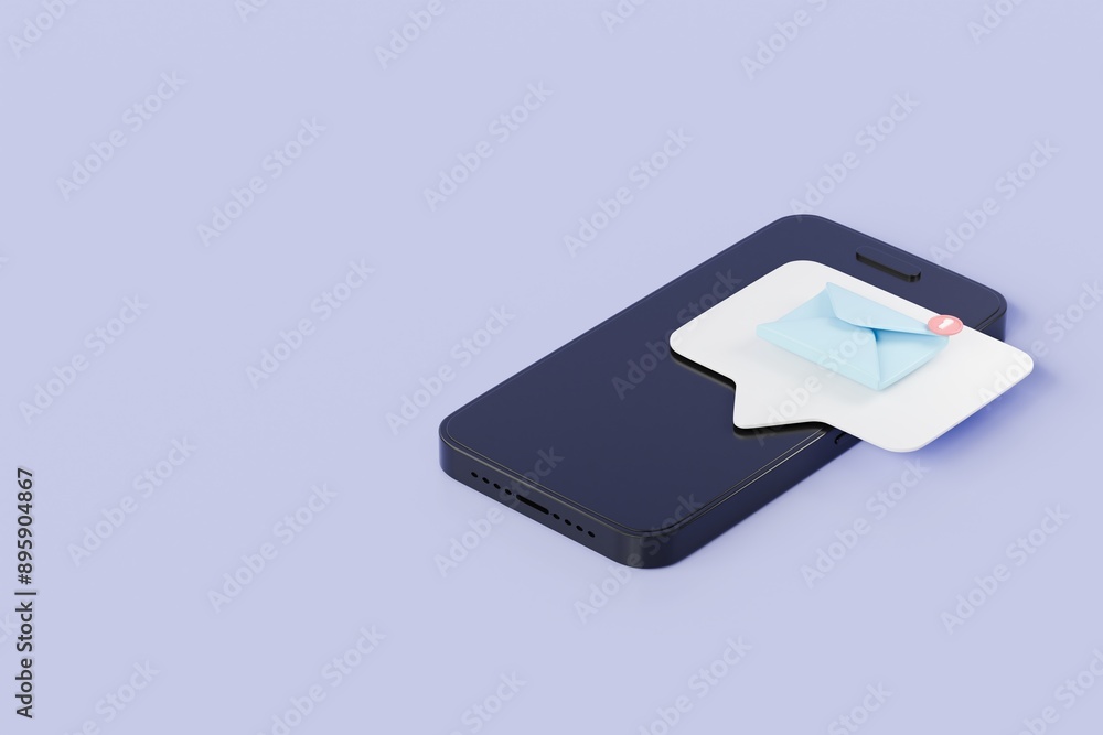 3d Smartphone or mobile phone with email unread notification. New message on the smartphone screen icon isolated on purple background. Mail service, Online email newsletter concept. 3d render. 3d Smartphone or mobile phone with email unread notification. New message on the smartphone screen icon isolated on purple background. Mail service, Online email newsletter concept. 3d render.