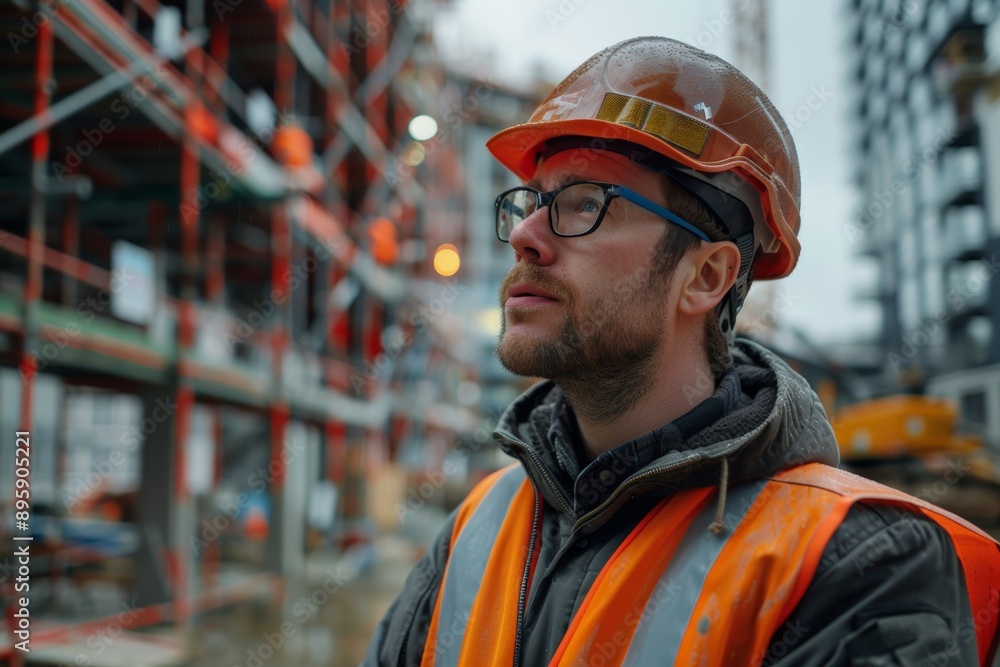 Construction worker in a safety vest and helmet, surveying a building site at sunrise. Construction worker in a safety vest and helmet, surveying a building site at sunrise.