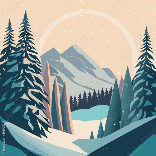 Vintage mountain ski poster landscape with pine forest silhouette. Traveling and camping poster design. Sepia color scheme vintage flat illustration