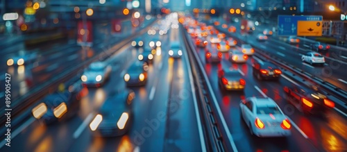 Blurred Motion of Busy Urban Highway with Colorful City Lights at Dusk