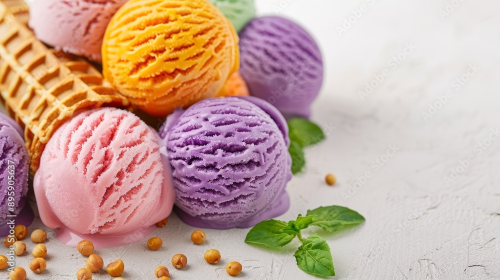 Colorful ice cream scoops in a waffle cone with mint leaves and sprinkles, perfect for summer desserts and sweet treats. Colorful ice cream scoops in a waffle cone with mint leaves and sprinkles, perfect for summer desserts and sweet treats.