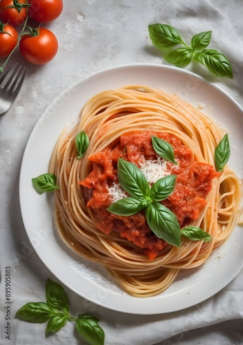 spaghetti with tomato and fresh basil, Italian classic photo