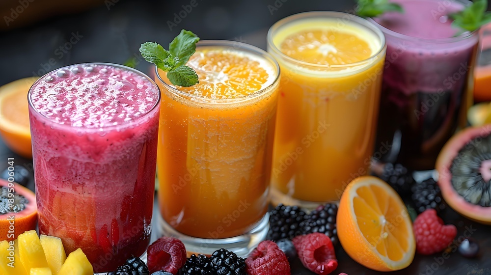 Four vibrant and refreshing fruit juices in glasses are garnished with fresh fruits and mint leaves, perfect for a healthy lifestyle, nutrition blogs, or summer drink promotions, Four vibrant and refreshing fruit juices in glasses are garnished with fresh fruits and mint leaves, perfect for a healthy lifestyle, nutrition blogs, or summer drink promotions,