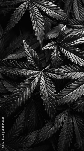 Monochromatic black cannabis leaves background with intense dramatic lighting photo