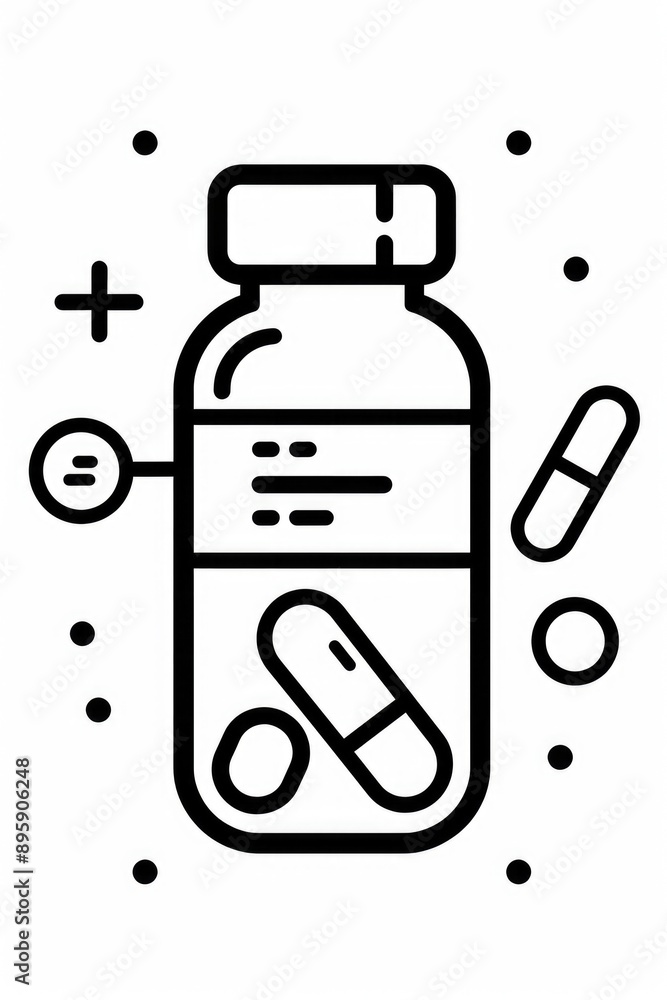 The image is a modern line drawing depicting a bottle of medicine and several pills. The image is a modern line drawing depicting a bottle of medicine and several pills.