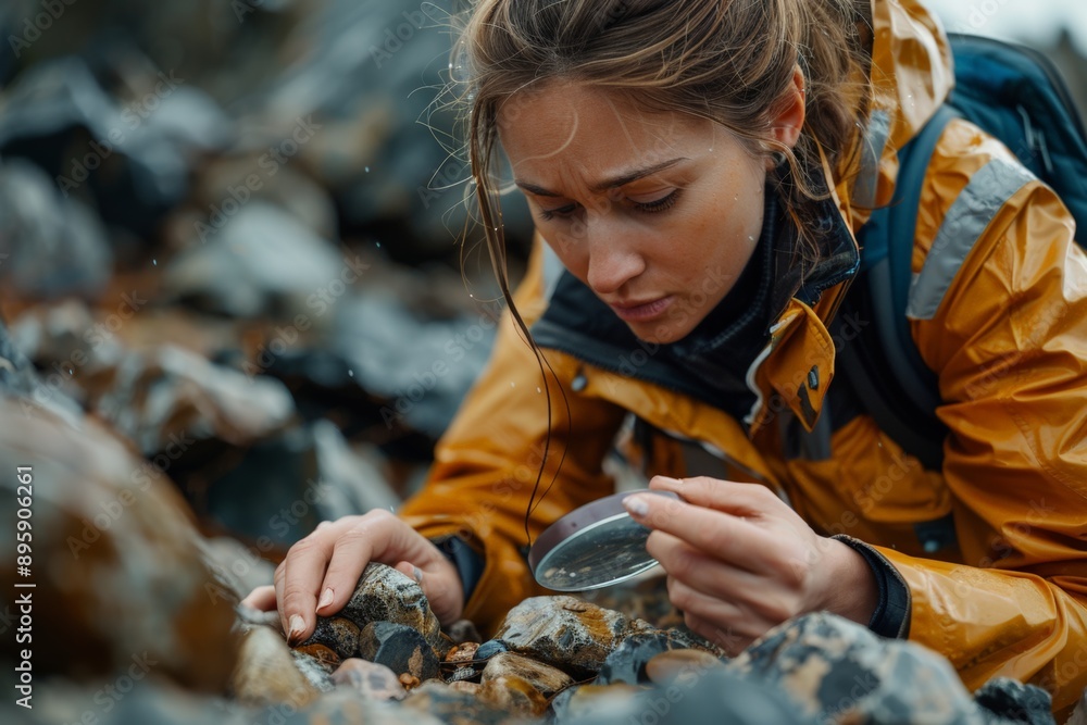 Geologist examining rocks with a magnifying glass, highlighting the study of earth sciences and fieldwork. Geologist examining rocks with a magnifying glass, highlighting the study of earth sciences and fieldwork.