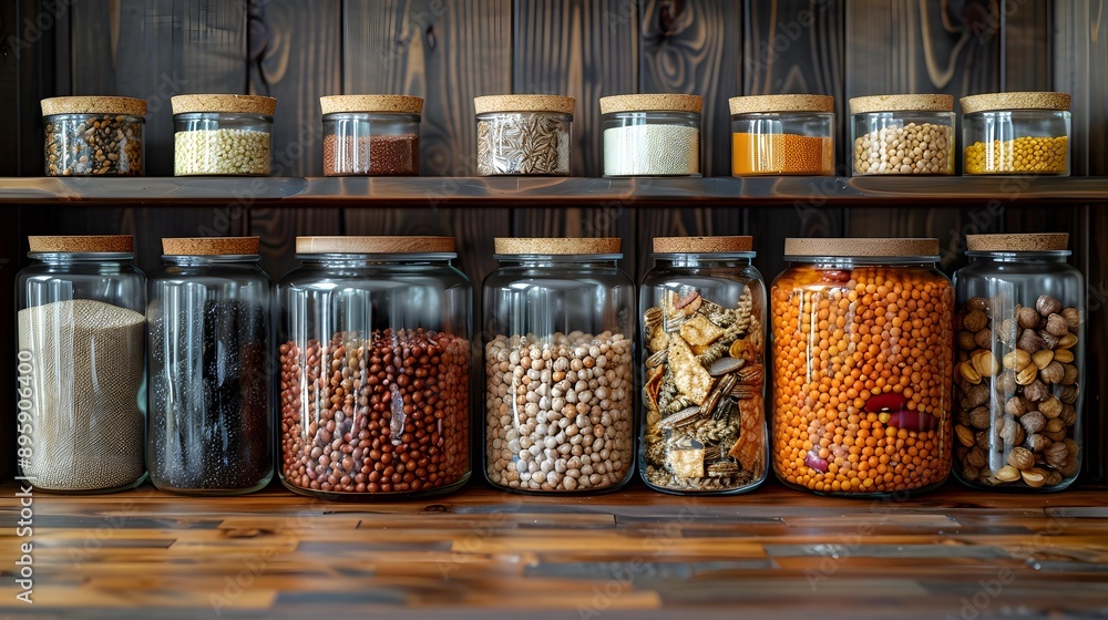 Glass jars filled with various grains, seeds, and nuts organized on wooden shelves, ideal for kitchen organization or pantry storage concepts, Glass jars filled with various grains, seeds, and nuts organized on wooden shelves, ideal for kitchen organization or pantry storage concepts,