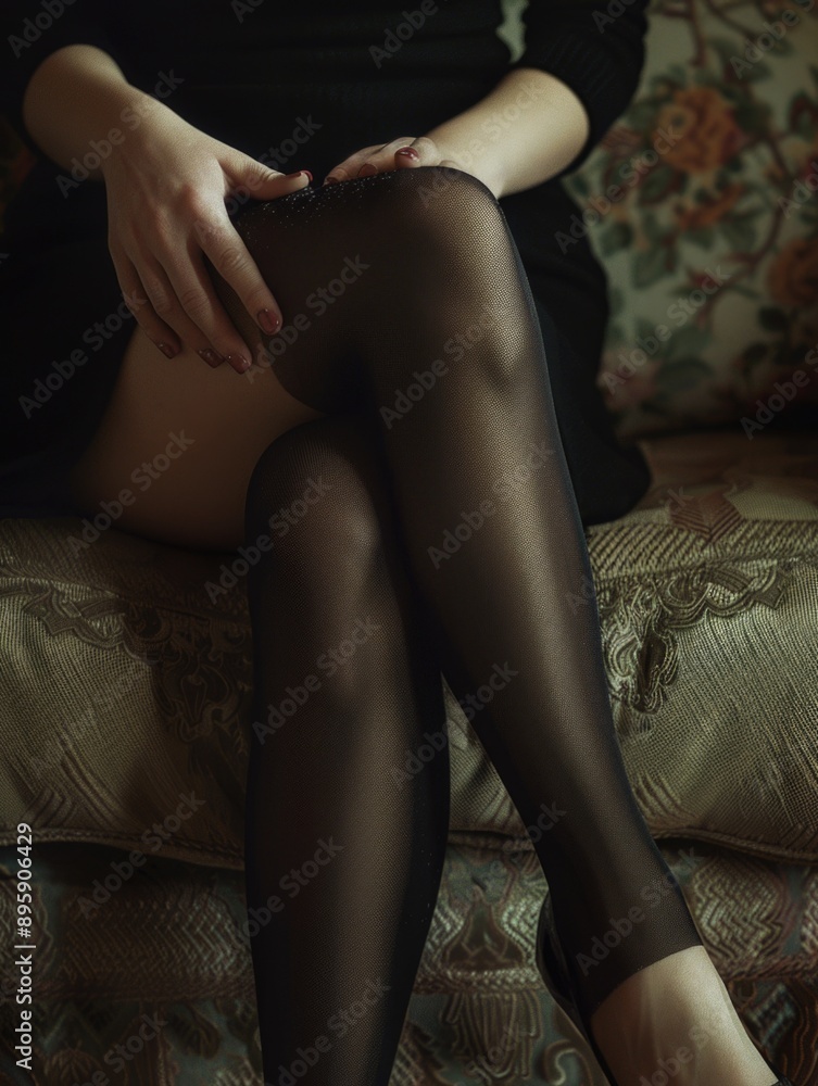 Female model in black dress wearing sheer thigh high stockings, lounging on couch. Erotic fashion style. Female model in black dress wearing sheer thigh high stockings, lounging on couch. Erotic fashion style.