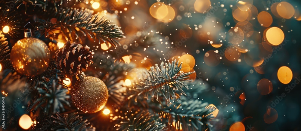 Festive Christmas Tree with Ornaments and Warm Glowing Lights in a Cozy Holiday Setting Festive Christmas Tree with Ornaments and Warm Glowing Lights in a Cozy Holiday Setting
