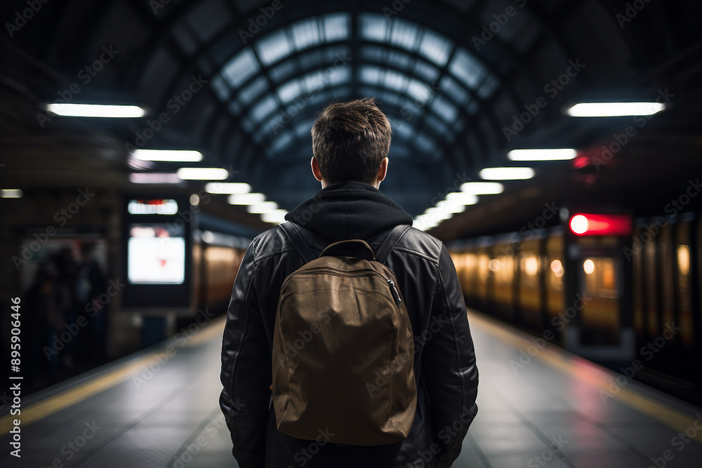 Ai generated rear view photo of a man tourist on a train station Ai generated rear view photo of a man tourist on a train station