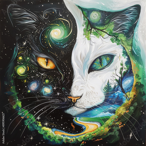 Cat face, yin yang, black cat transparent with galaxies and stars inside