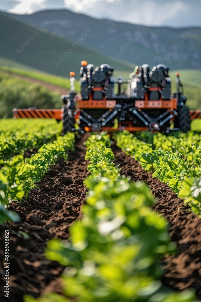 Modern Agricultural Machinery in a Lush Green Field with Mountains in the Background Modern Agricultural Machinery in a Lush Green Field with Mountains in the Background