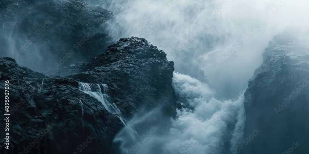 A powerful waterfall plunging into the dark depths of a rocky valley on a rainy day, with mist rising from below. A powerful waterfall plunging into the dark depths of a rocky valley on a rainy day, with mist rising from below.