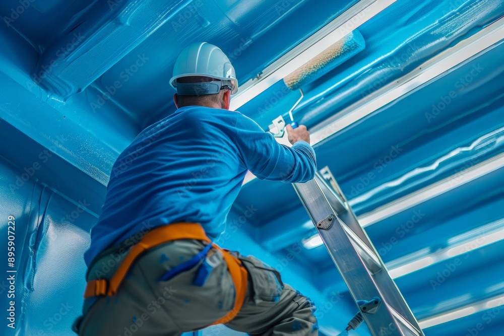 Worker painting a ceiling blue, highlighting the labor and precision involved in construction and renovation. Worker painting a ceiling blue, highlighting the labor and precision involved in construction and renovation.