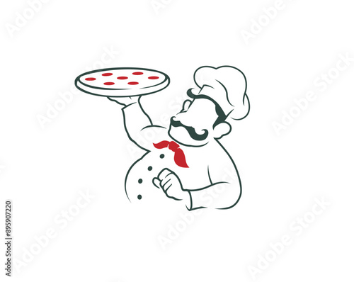 Creative Chef Cartoon Holding Pizza Logo Vector Design Symbol
